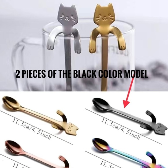 Cat Spoons Tea Spoons Stirrers Cup Hugging Kitty Cats Stainless Black 2 PC Set - Picture 3 of 16